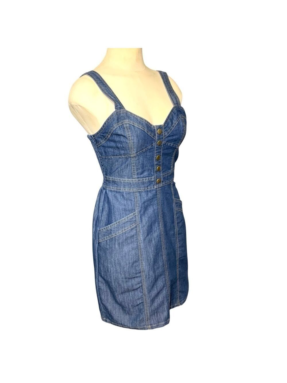 Vintage Lone Star Cowgirl Denim Dress Sz XS Blue Sweatheart Neckline Western Y2K - Picture 2 of 14